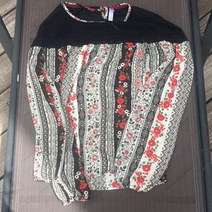 A long sleeve, floral print blouse with black lace